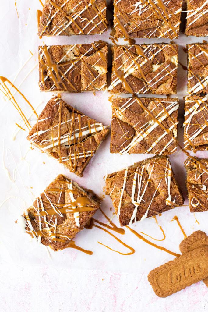 Biscoff spread drizzled on Biscoff Blondies