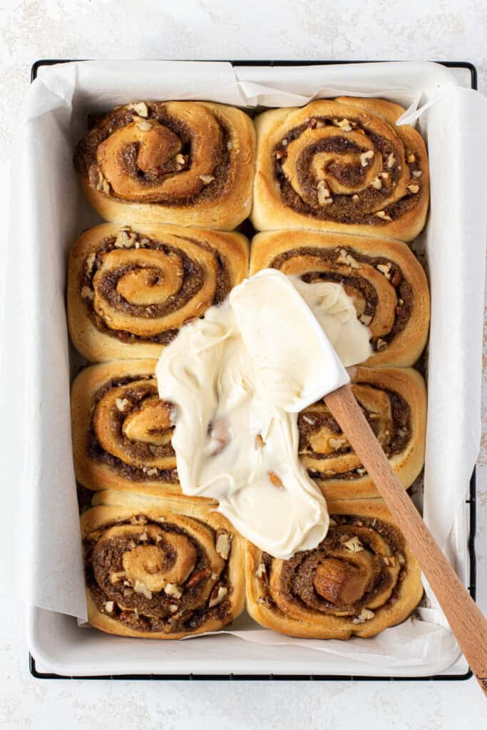 Pecan Cinnamon Rolls with Maple Cream Cheese Frosting