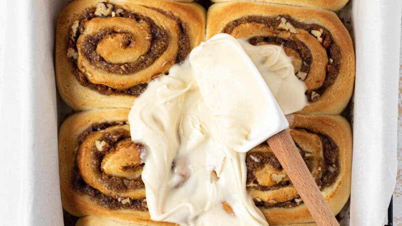 Pecan Cinnamon Rolls with Maple Cream Cheese Frosting