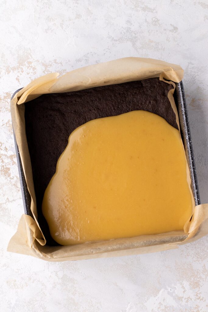 Caramel poured on top of the cookies & cream shortbread