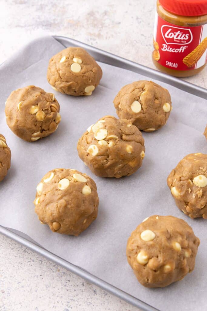 Biscoff cookies on a baking tray