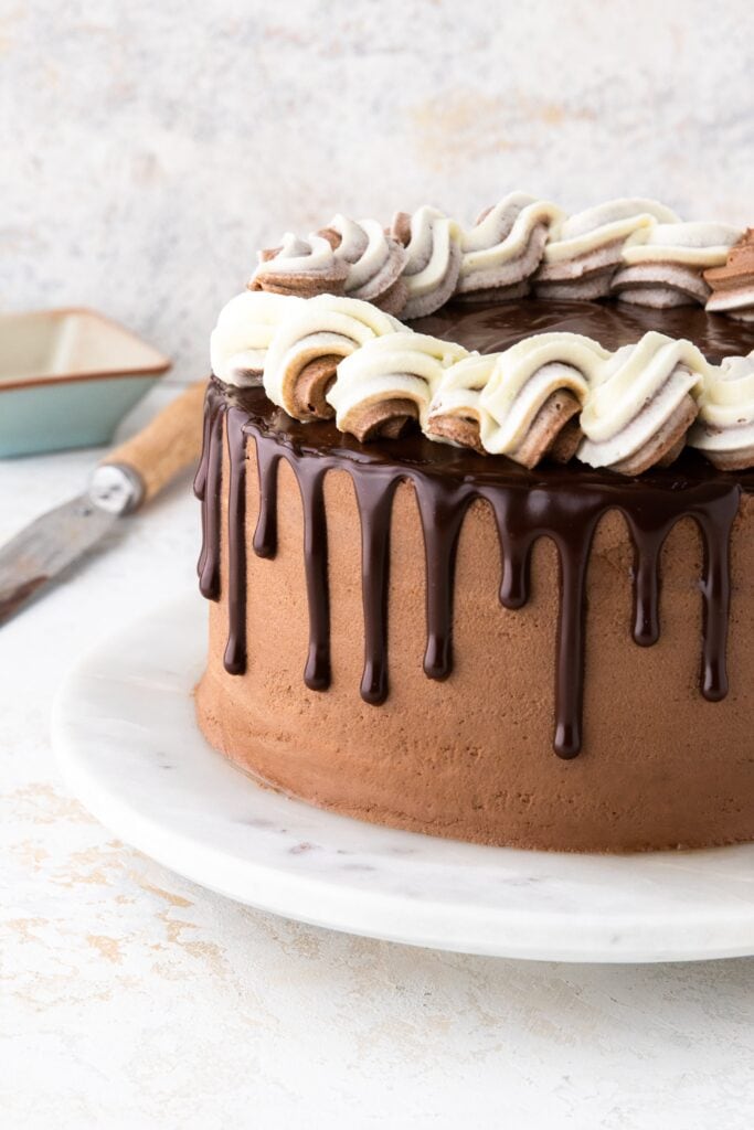 Slice of Double chocolate cake with ganache drip