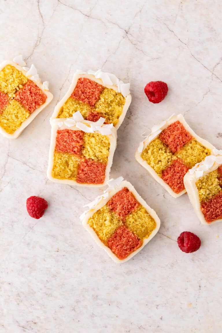 Pina Colada Raspberry Battenberg Cake