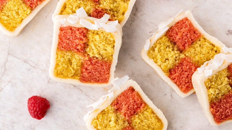 Pina Colada Raspberry Battenberg Cake