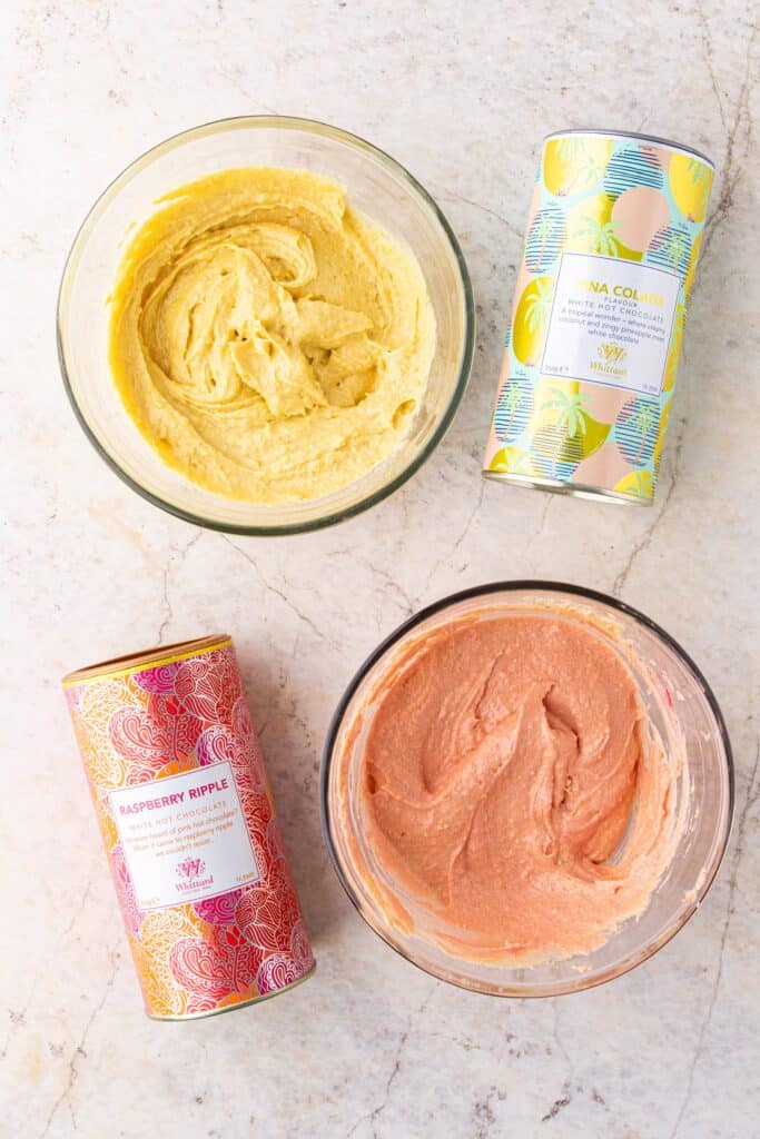 Pina Colada Battenberg cake mixture using Whittard hot chocolates