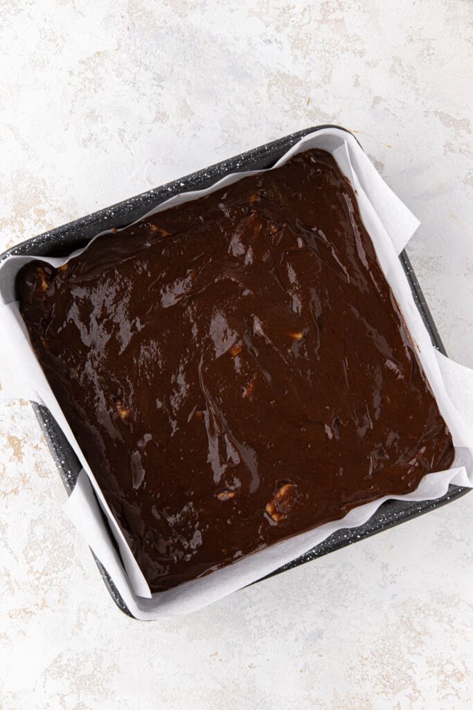 Brownie mixture in baking tin