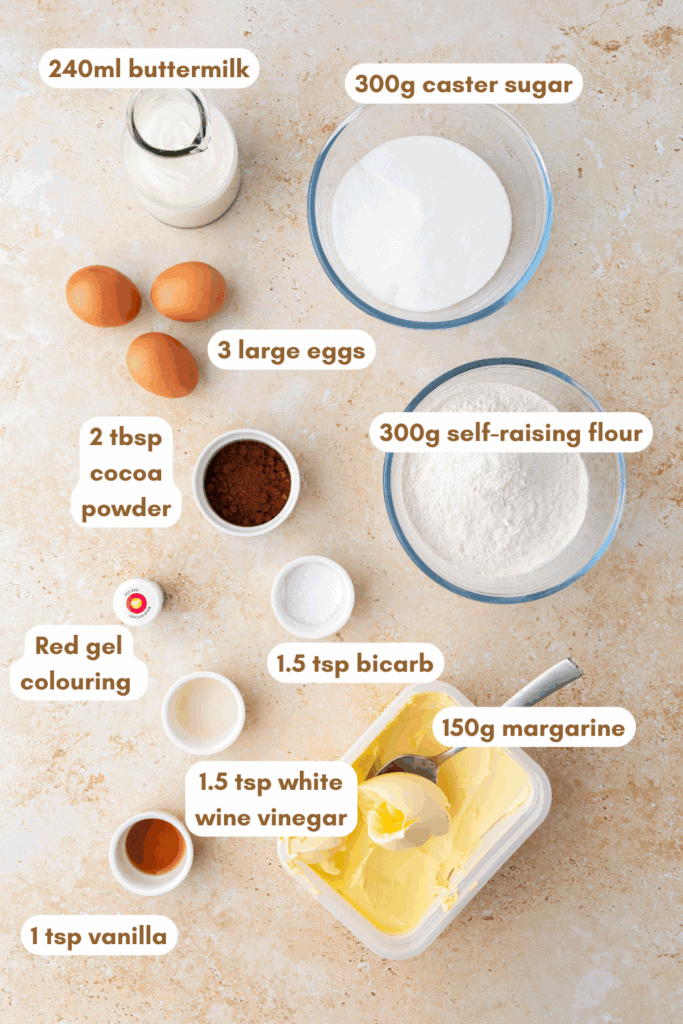 Ingredients used to make red velvet cake