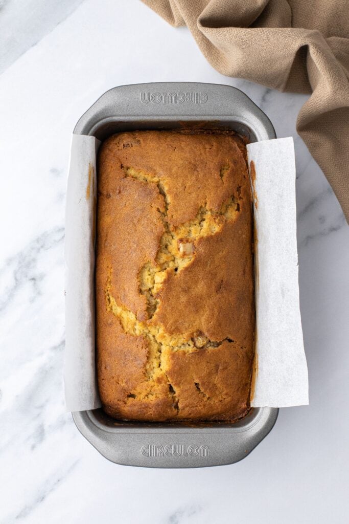 cooked banana bread in a loaf tin