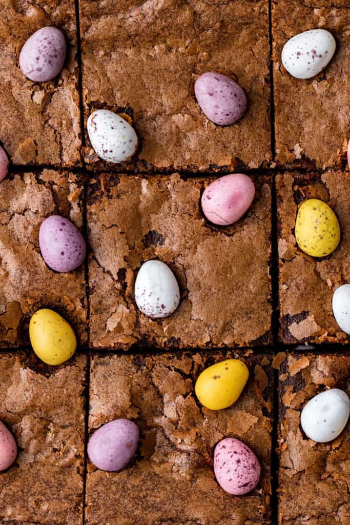 Mini Egg Brownies sliced into 12 portions