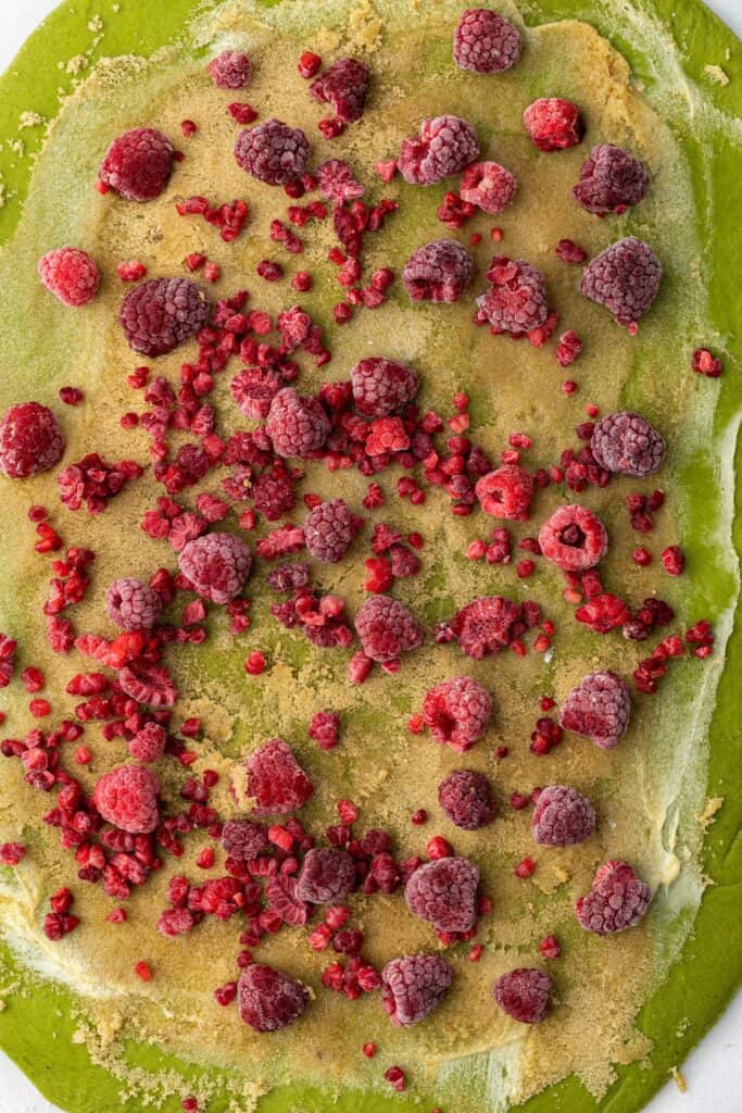 matcha bread dough with raspberry filliing