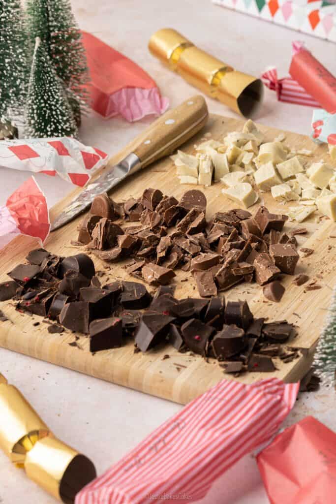 A board of chopped chocolate
