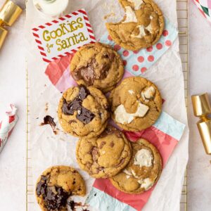 A pile of brown butter cookies with chocolate