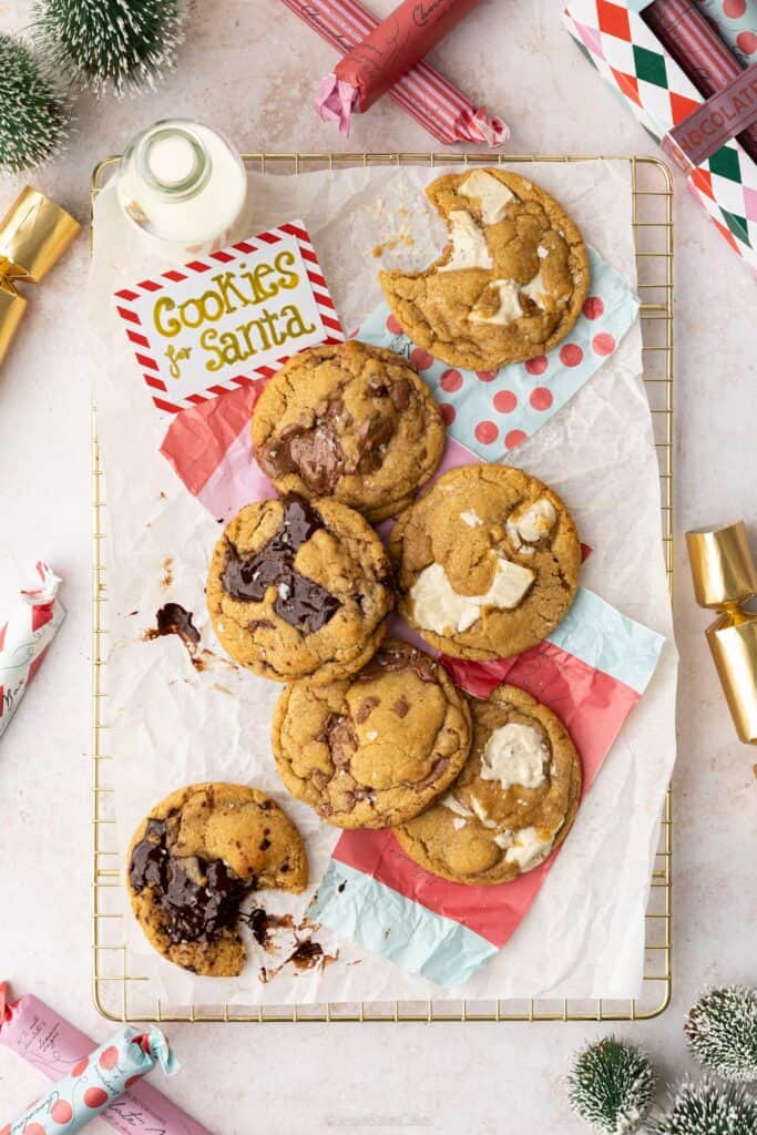 A pile of brown butter cookies with chocolate