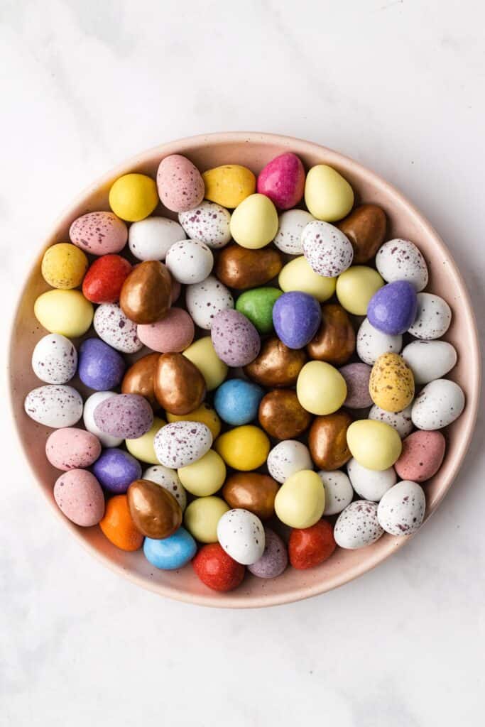 A top down view of a bowl of Mini Eggs
