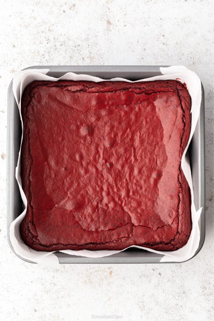 Baked brownies in the baking tin