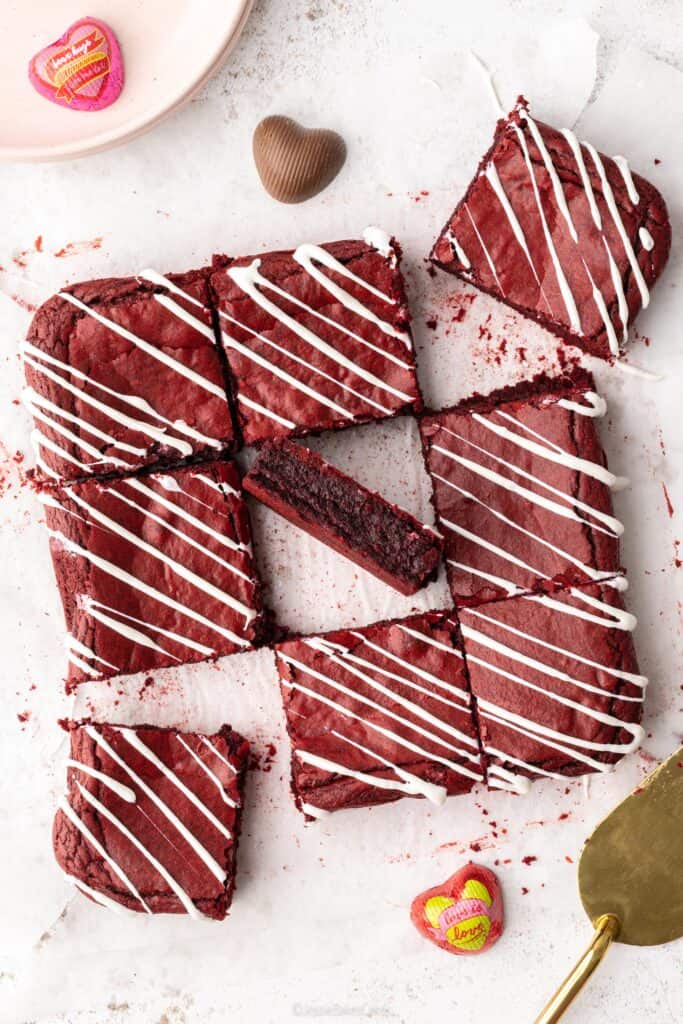 Top down view of red velvet brownies