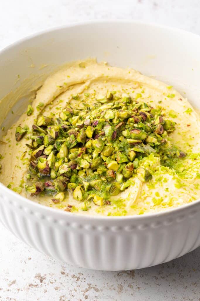 bowl of lime and pistachio cake mixture
