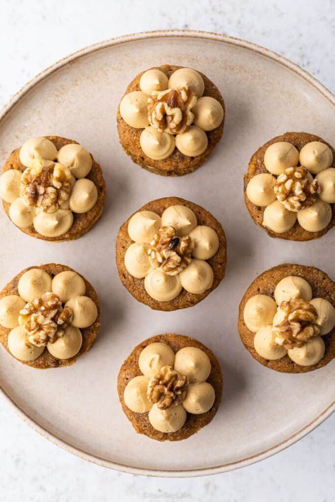 A top down view of Mini Coffee and Walnut Cakes