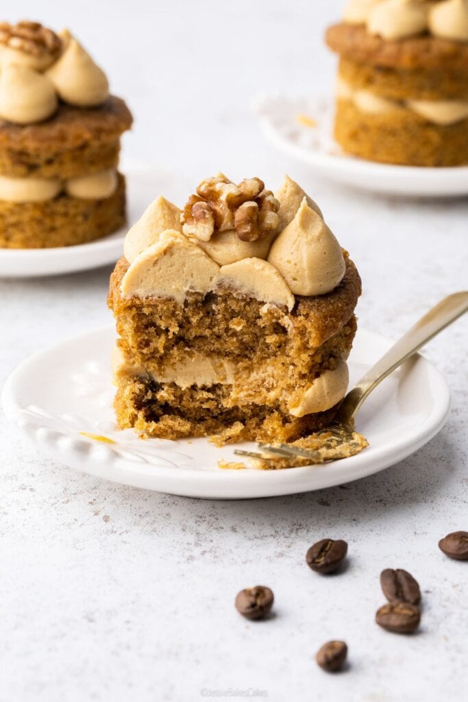 Mini Coffee and Walnut Cakes with a bite missing