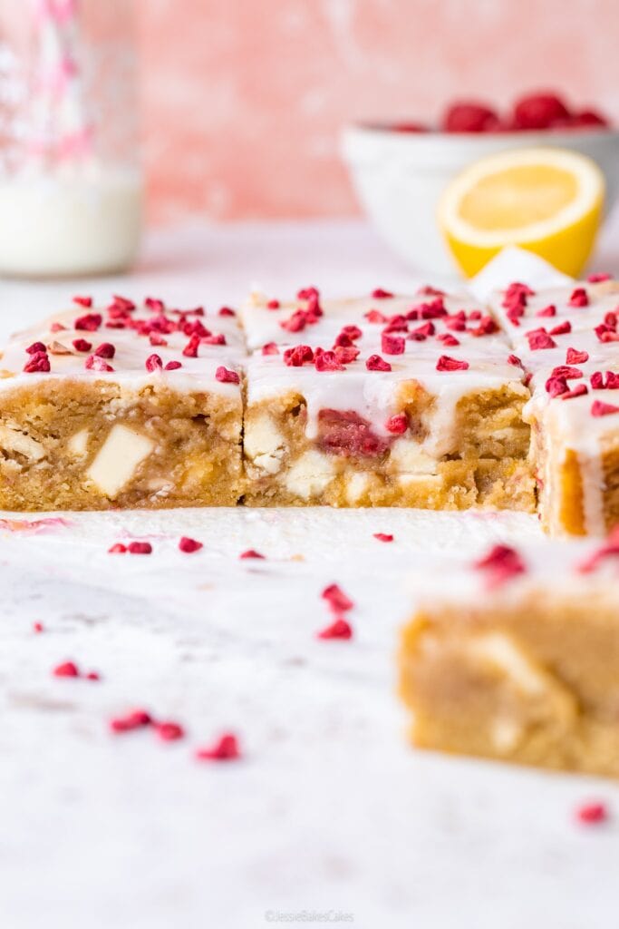 Lemon Glazed White Chocolate and Raspberry Blondies