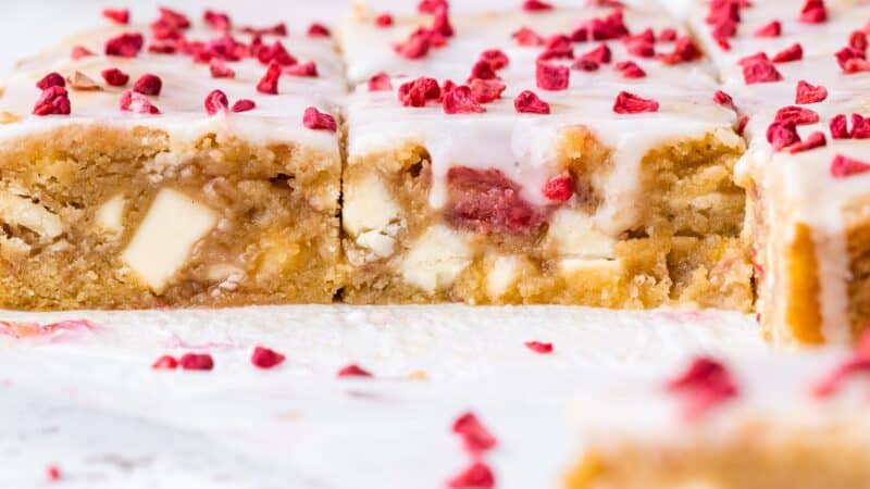 Lemon Glazed White Chocolate and Raspberry Blondies