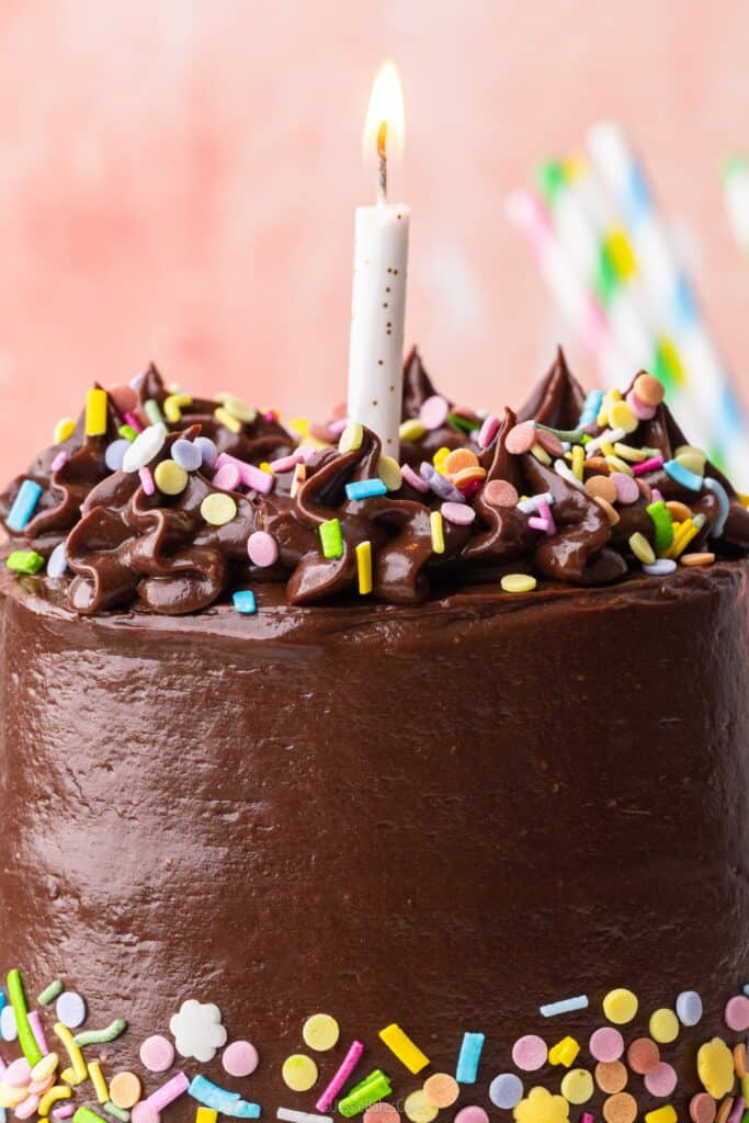 close up of a mini chocolate cake with birthday sprinkles and a candle