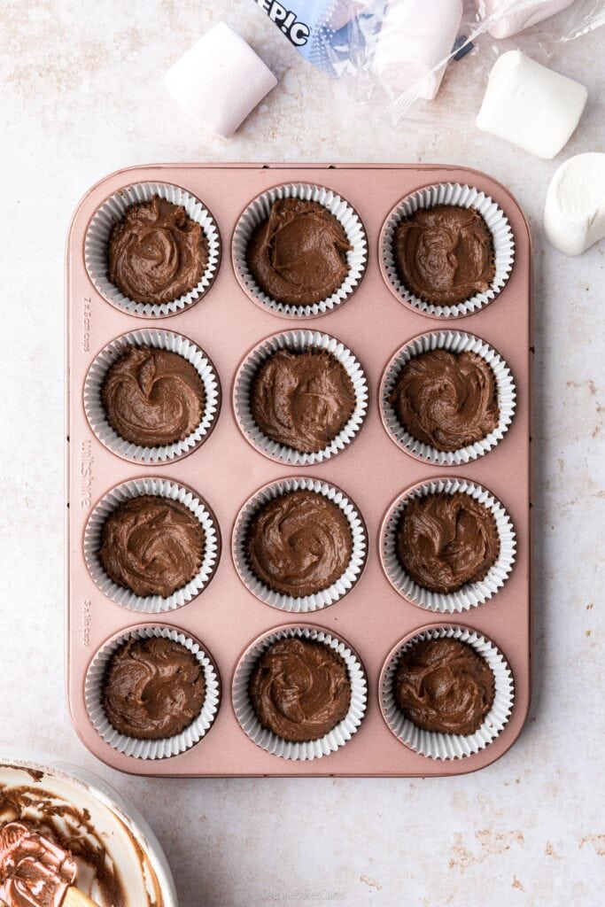 chocolate cake mixture in 12 cupcake cases