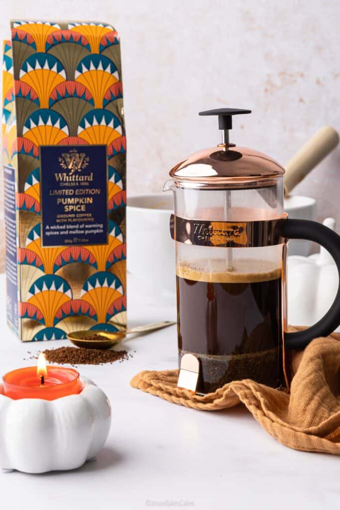 a cafetiere of Whittard pumpkin spice ground coffee