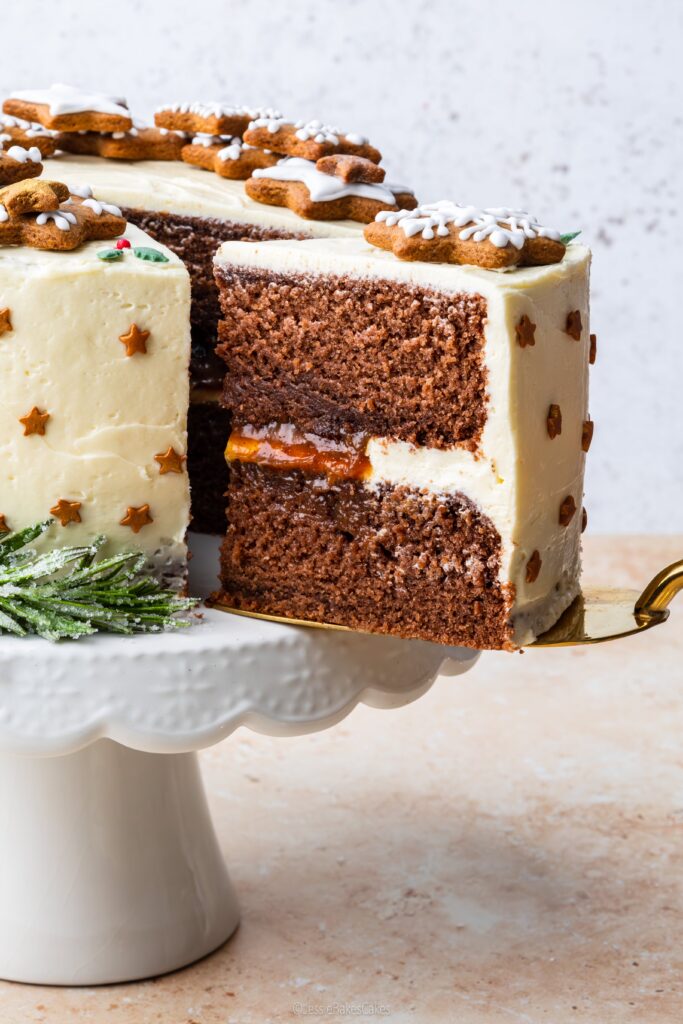 a slice of Chocolate Gingerbread Wreath Cake