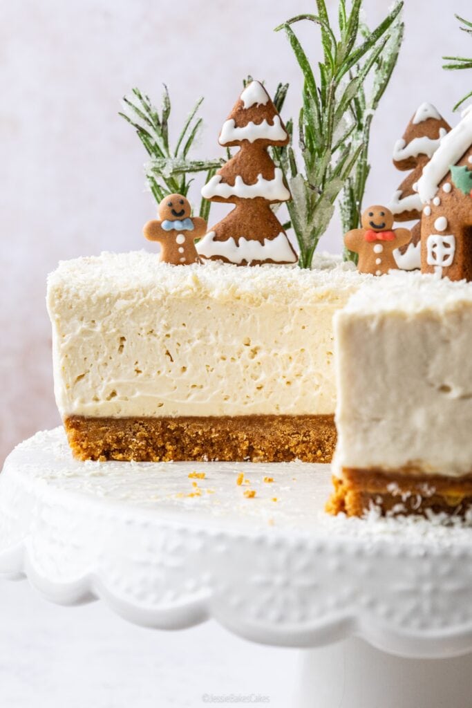  a Gingerbread Cream Liqueur Cheesecake with a slice missing