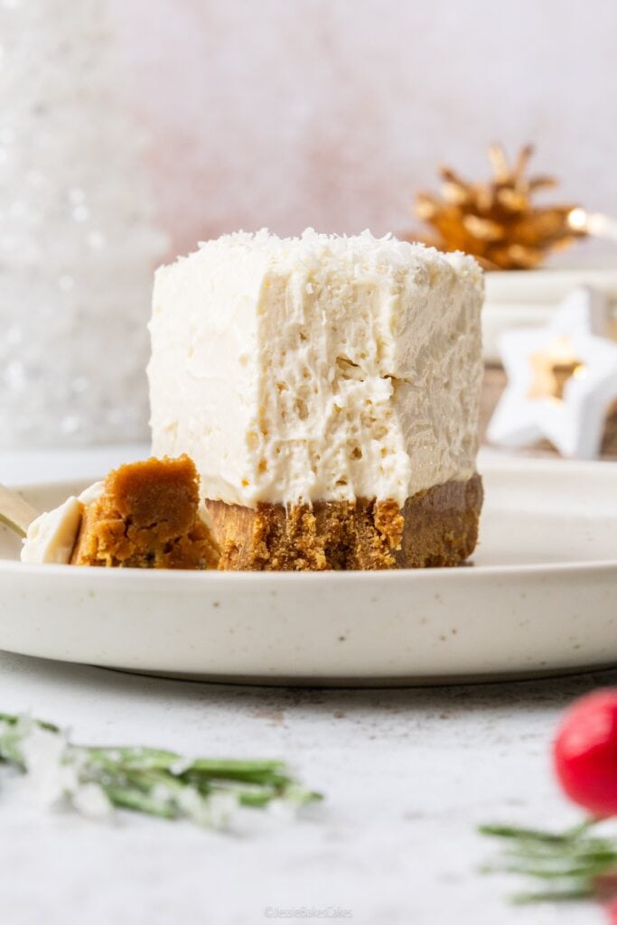 a slice of Irish cream cheesecake with a gingerbread biscuit base