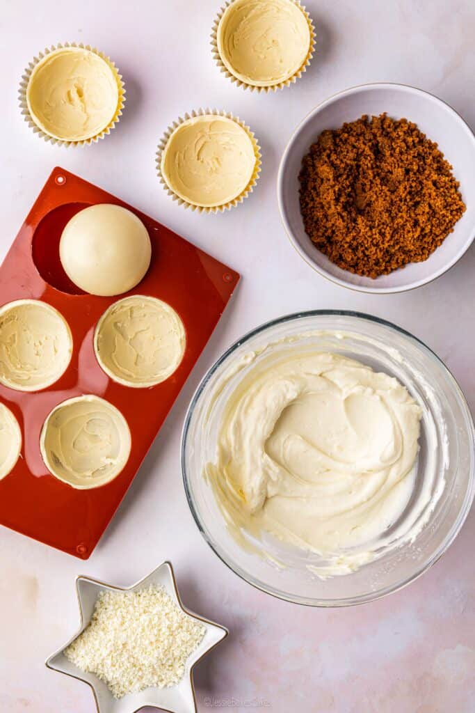 Ingredients to make White Chocolate Snowglobe Cheesecakes