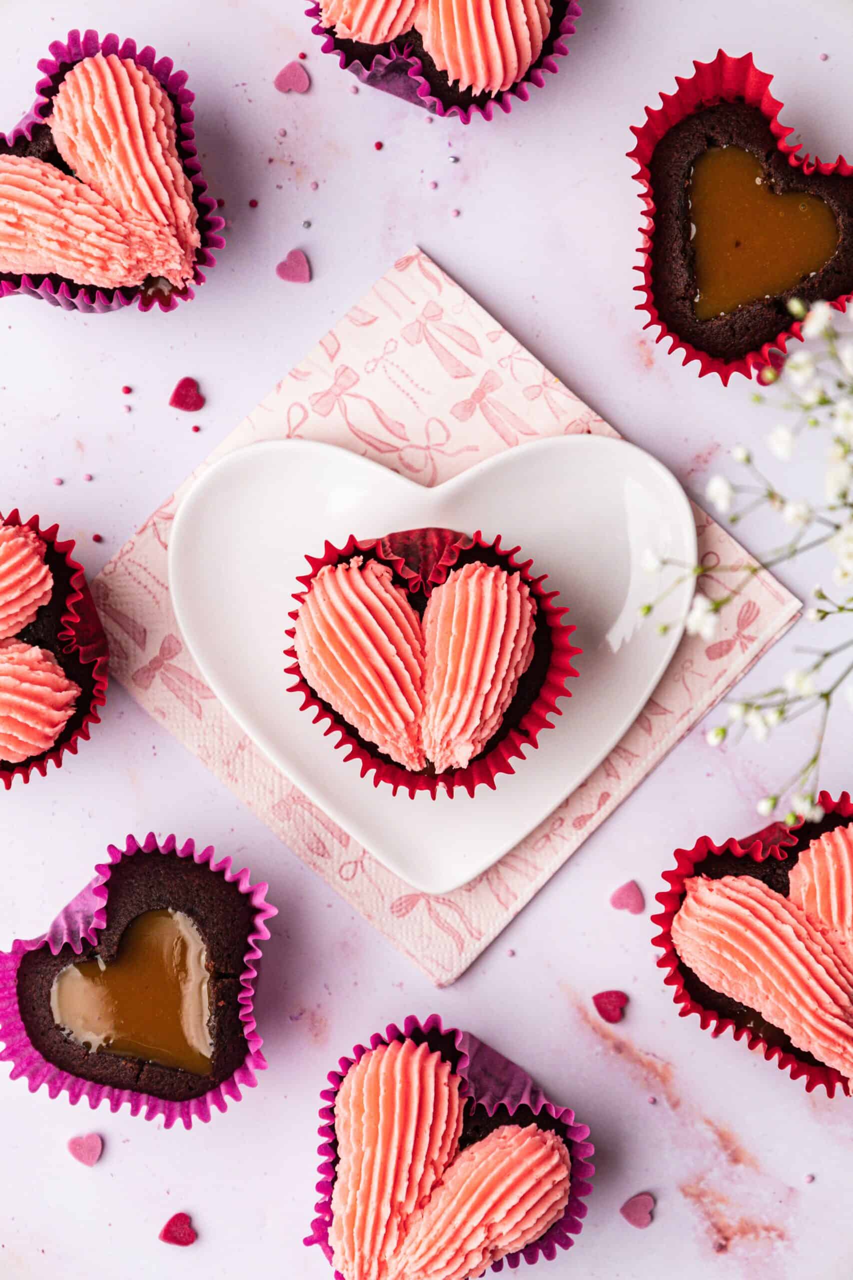 Caramel Surprise Heart Cupcakes