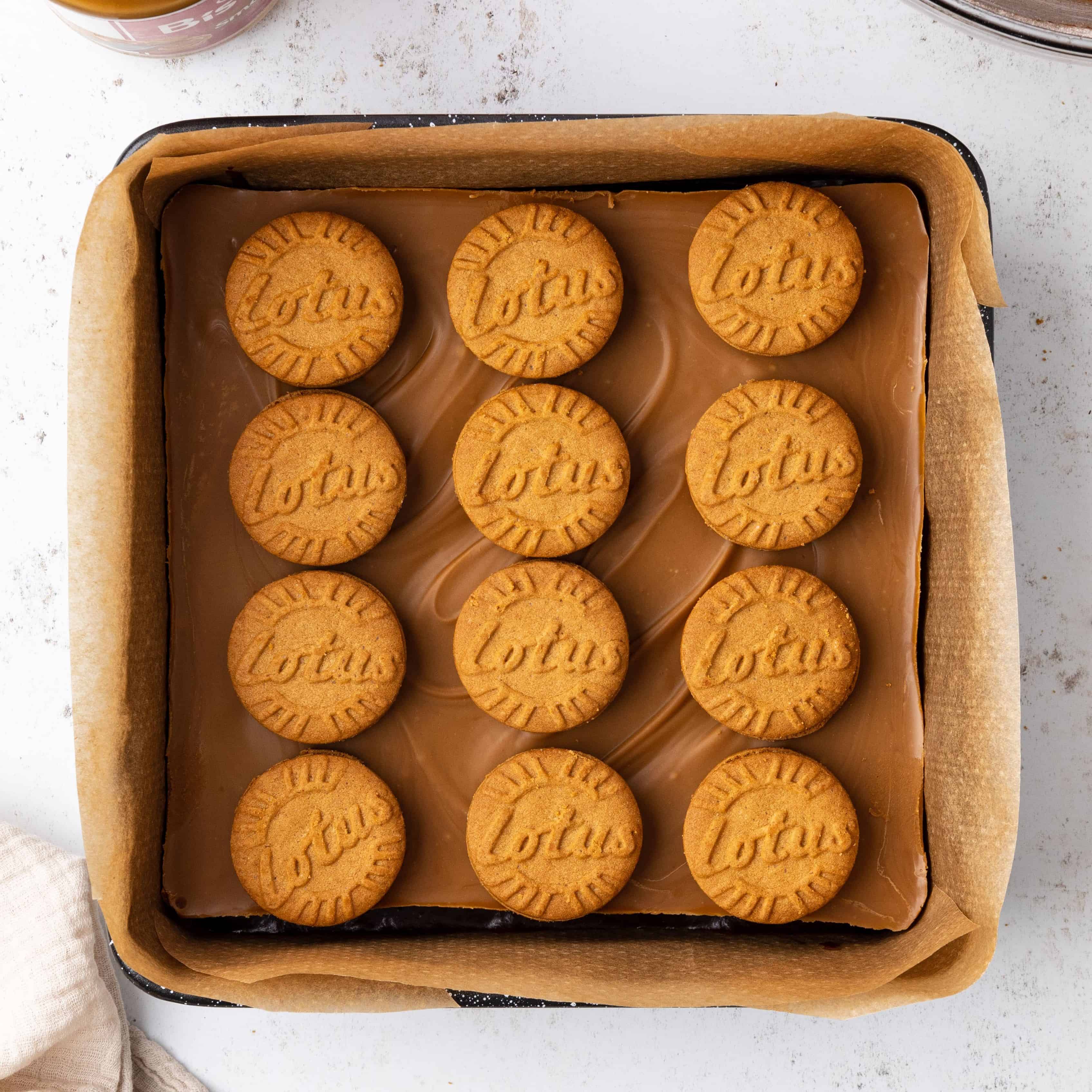 biscoff biscuits and spread layered on a brownie