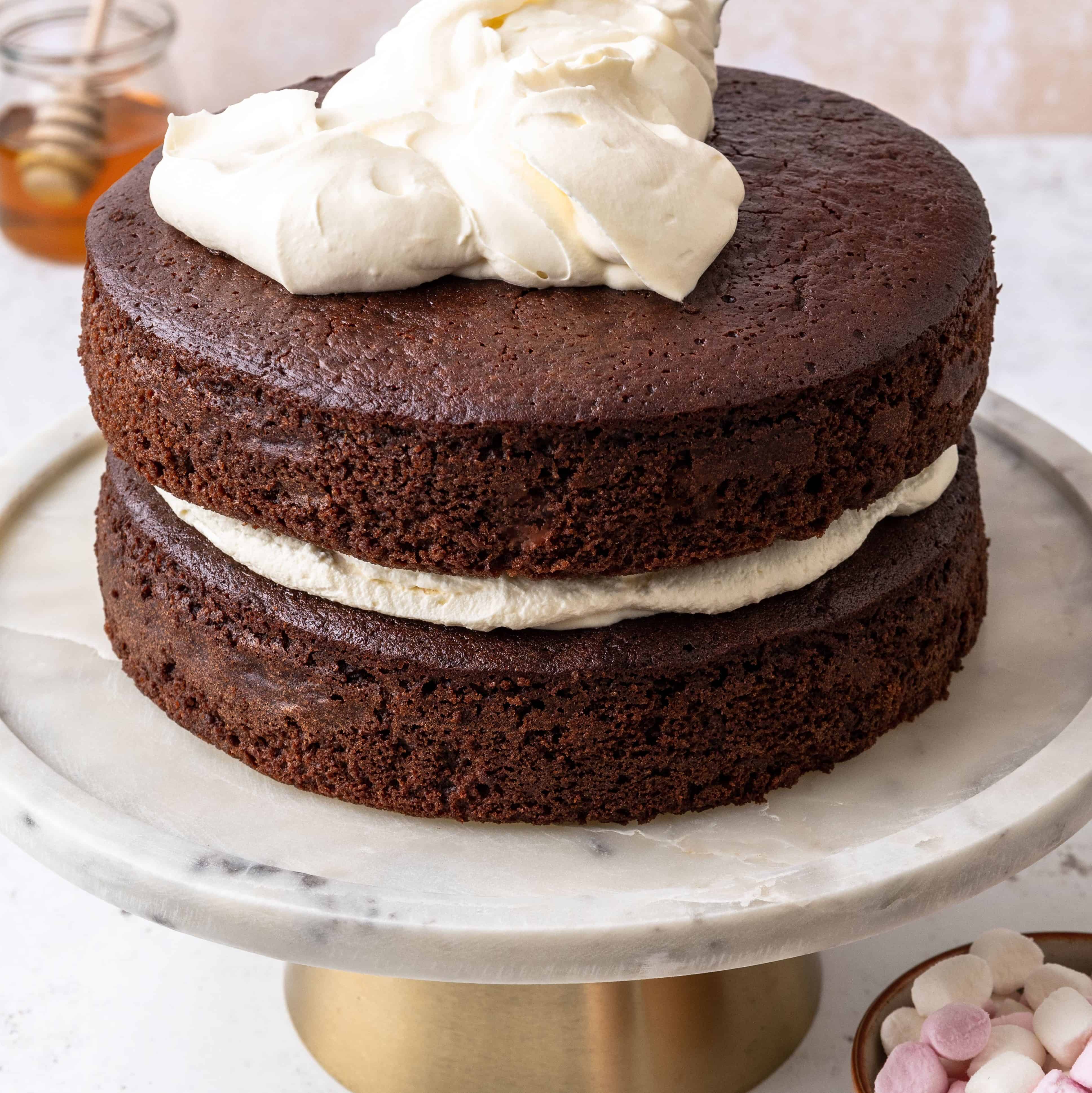 Mexican Hot Honey Chocolate Cake filled with honey whipped cream