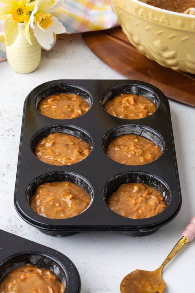 Carrot cake mixture in the baking tin ready for the oven 