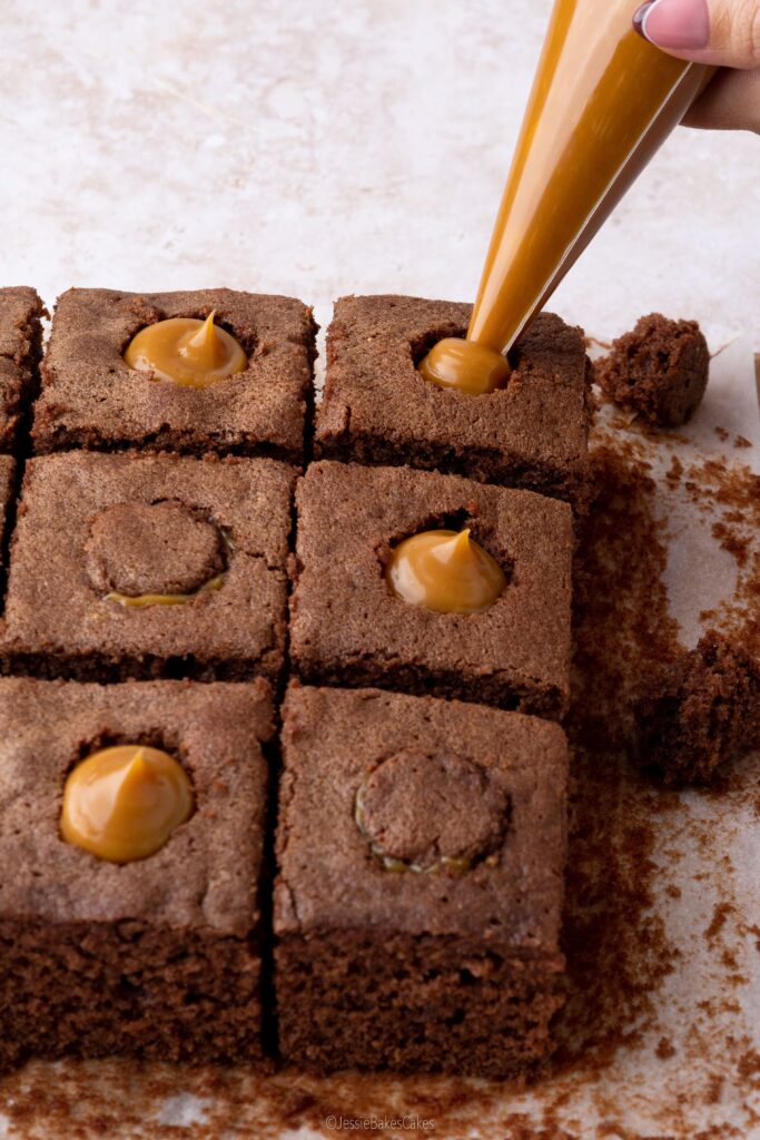 filling the fondant fancies with salted caramel