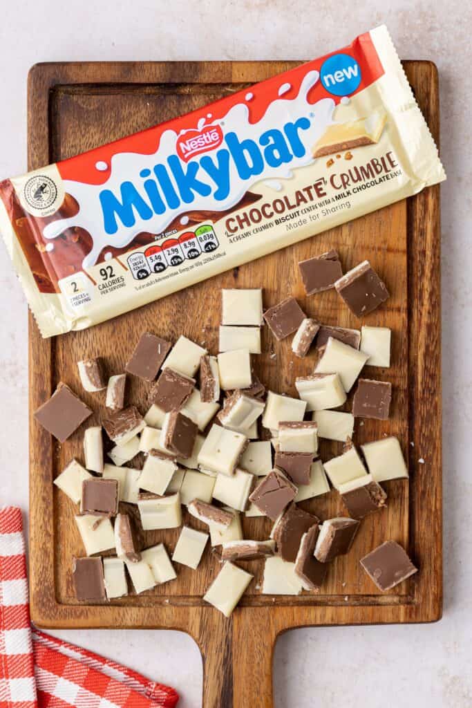 chopped up milky bar chococolate crumble 