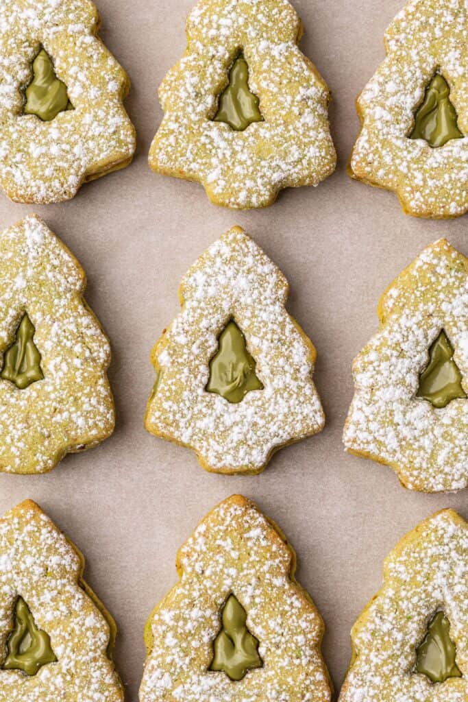 Christmas tree pistachio Linzer cookies