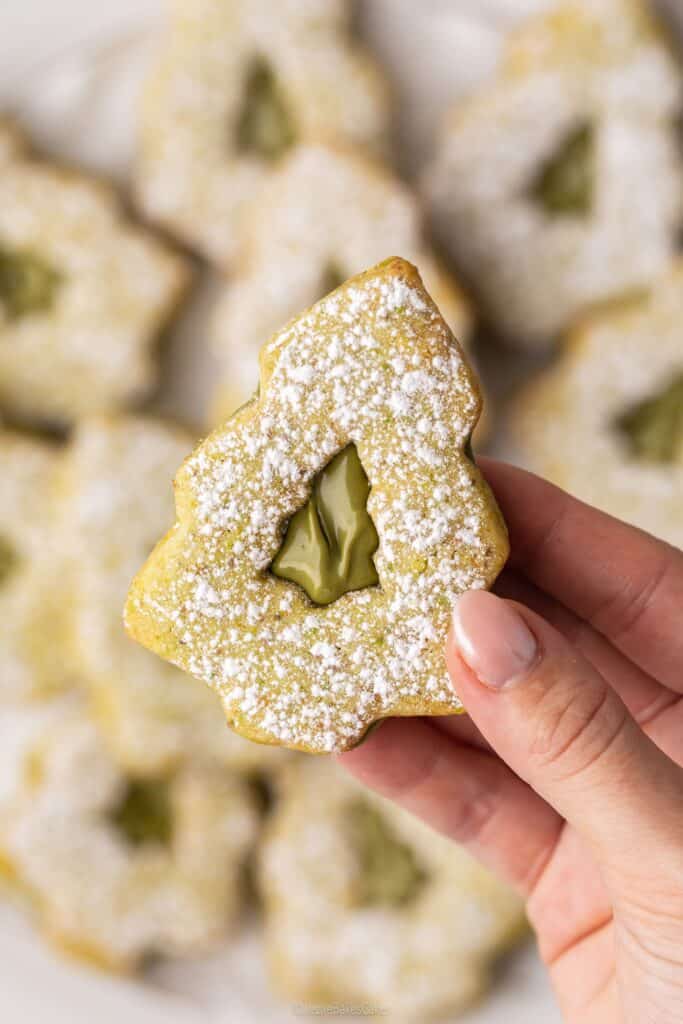 Christmas tree pistachio Linzer cookies