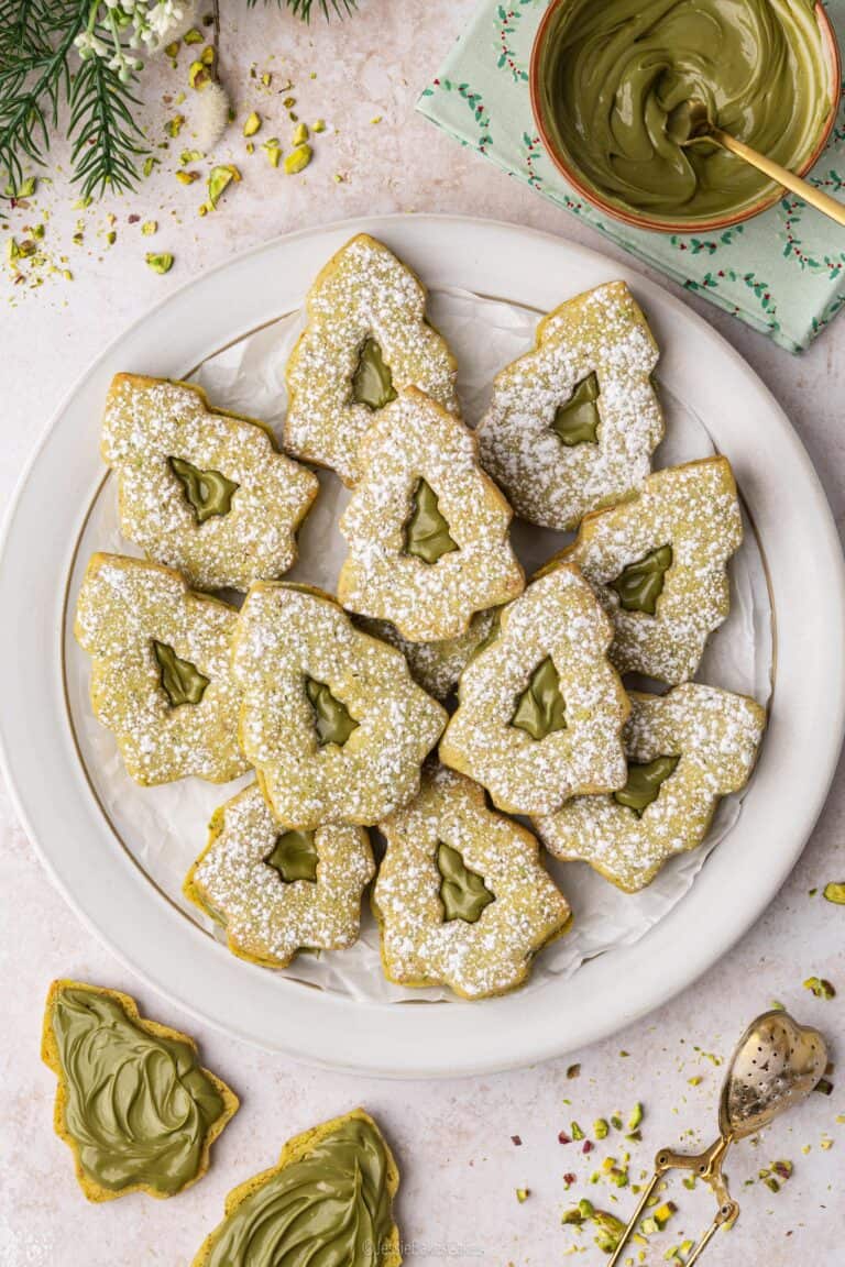 Christmas Tree Pistachio Linzer Cookies