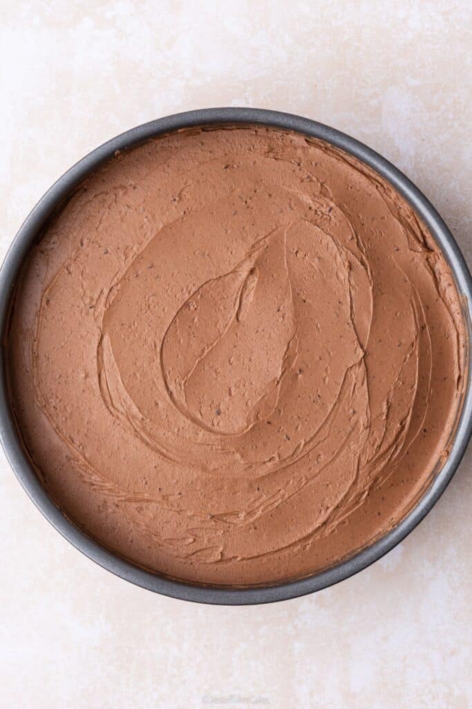 chocolate cheesecake in the baking tin